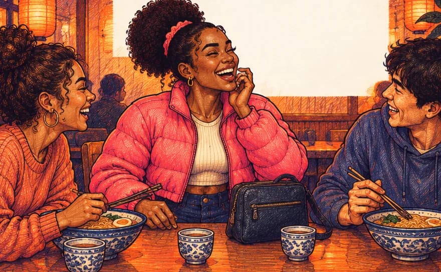 Comic illustration of Nia laughing over noodles with two friends
