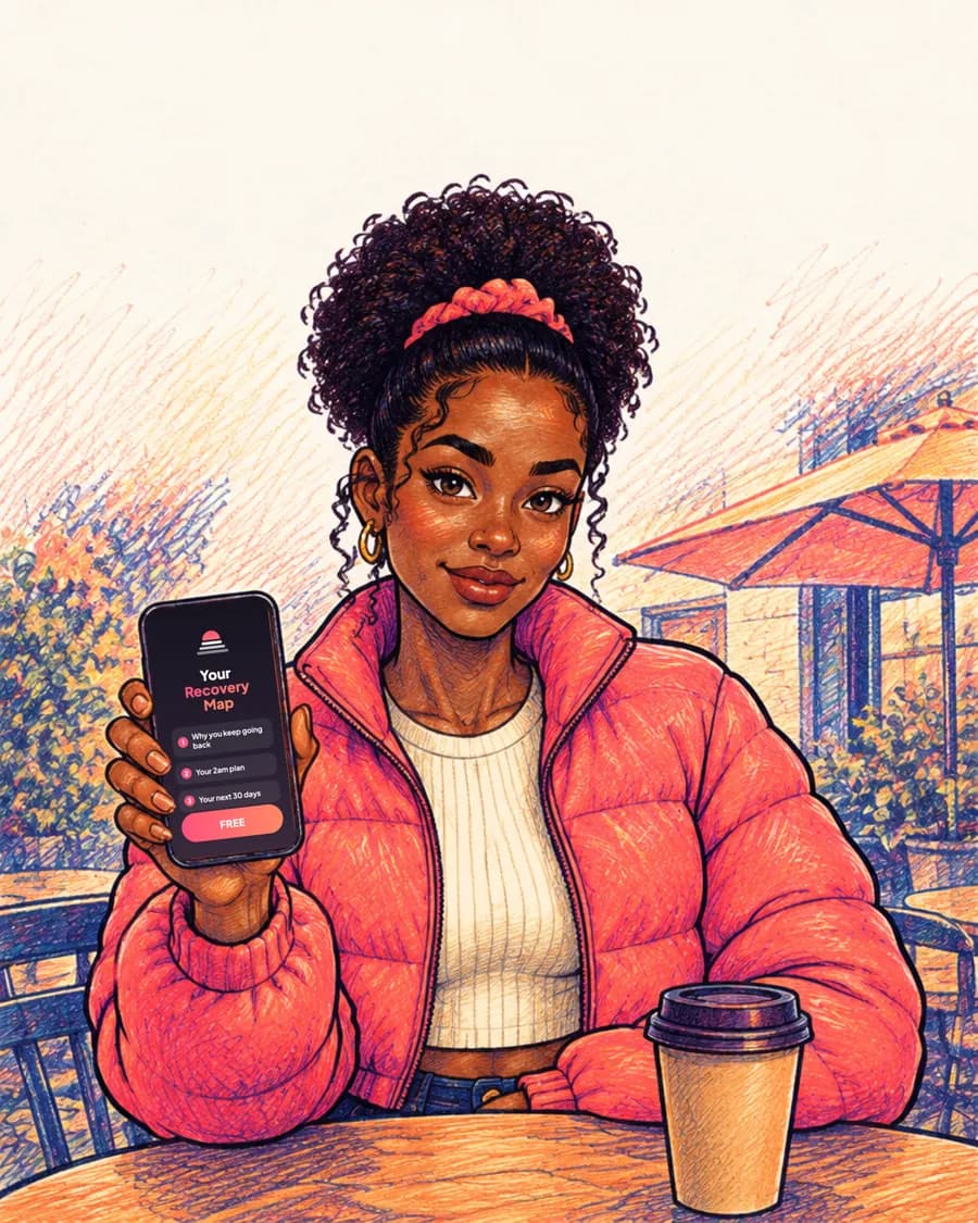 Comic illustration of Nia at a café table, smiling calmly and holding up her phone showing Your Recovery Map