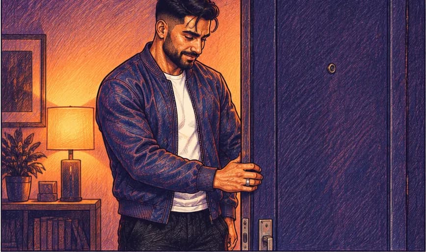 Comic illustration of Dev at his front door at night, head down, hand on the handle
