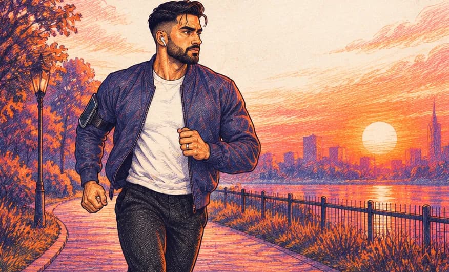 Comic illustration of Dev running along the river at sunrise