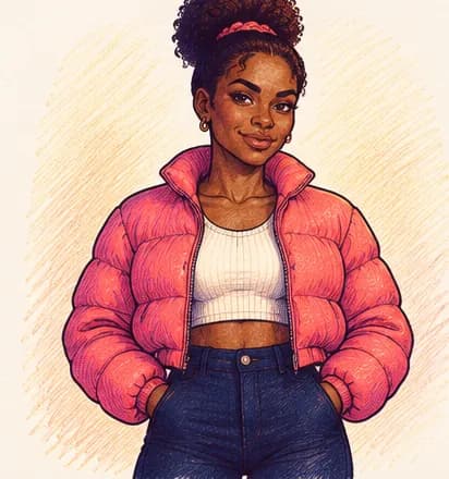 Comic illustration of Nia in a coral puffer jacket with a calm half-smile, warm morning light behind her