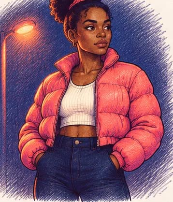 Comic illustration of Nia standing under a streetlamp at night, looking away, thinking